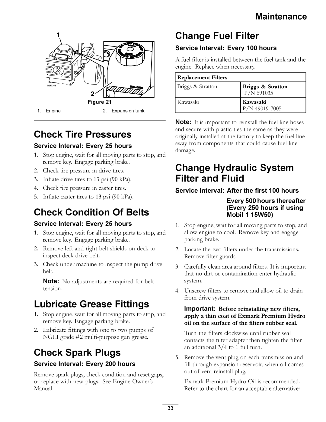 Exmark 00 & Higher, 850 manual Check Tire Pressures, Check Condition Of Belts, Lubricate Grease Fittings, Check Spark Plugs 