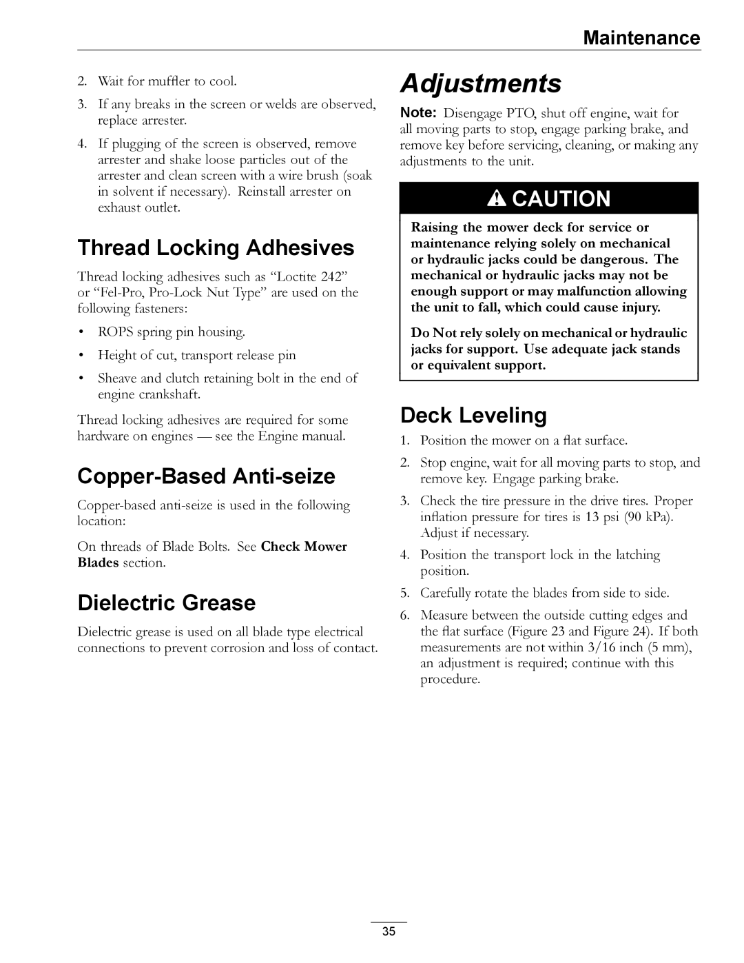 Exmark 00 & Higher, 850 manual Thread Locking Adhesives, Copper-Based Anti-seize, Dielectric Grease, Deck Leveling 