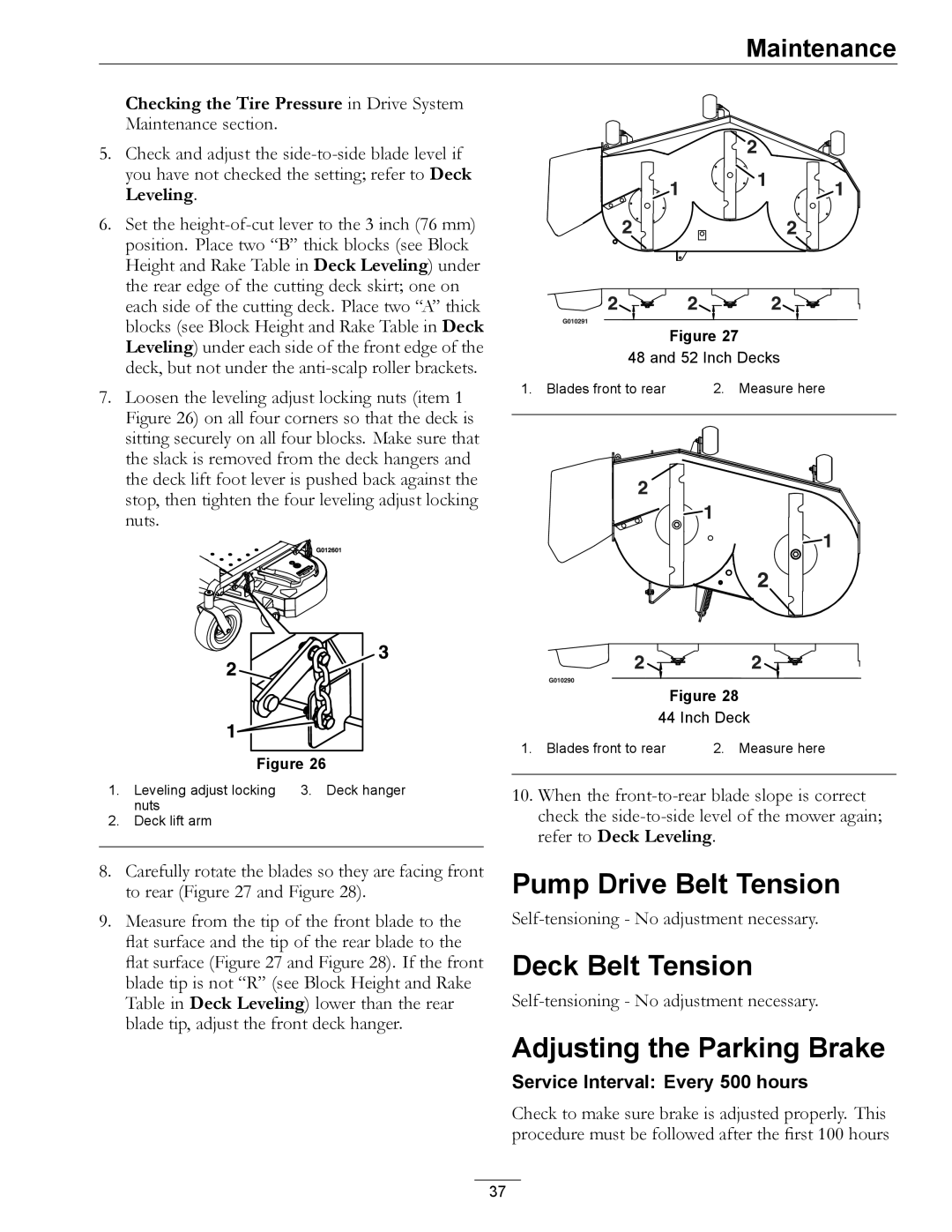 Exmark 00 & Higher, 850 manual Pump Drive Belt Tension, Deck Belt Tension, Adjusting the Parking Brake 