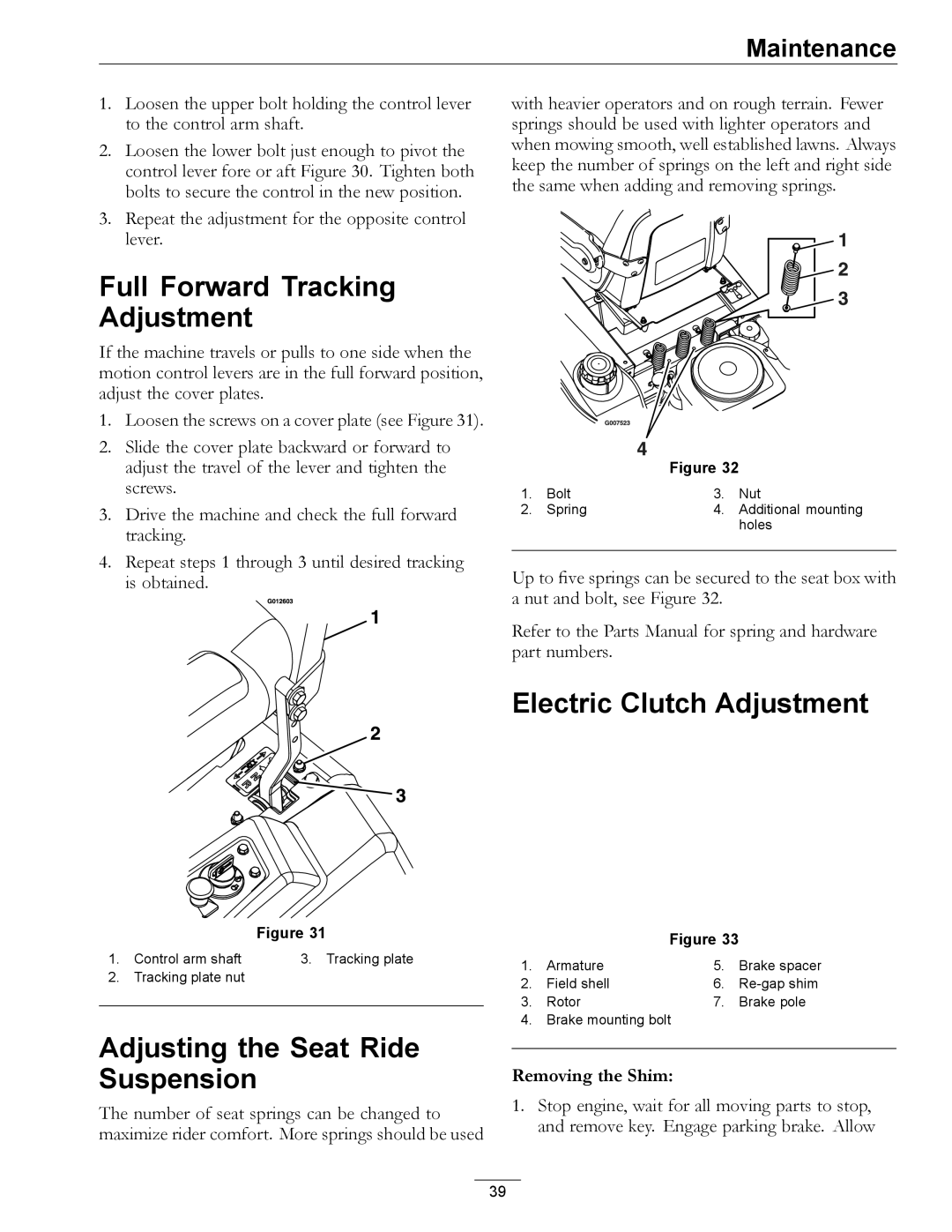 Exmark 00 & Higher, 850 Full Forward Tracking Adjustment, Adjusting the Seat Ride Suspension, Electric Clutch Adjustment 