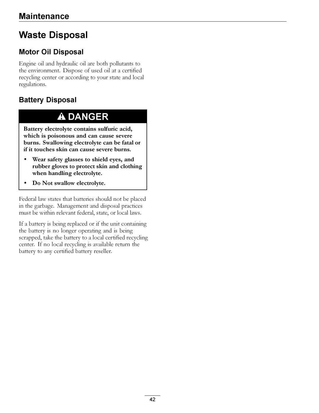 Exmark 850, 00 & Higher manual Waste Disposal, Motor Oil Disposal, Battery Disposal 