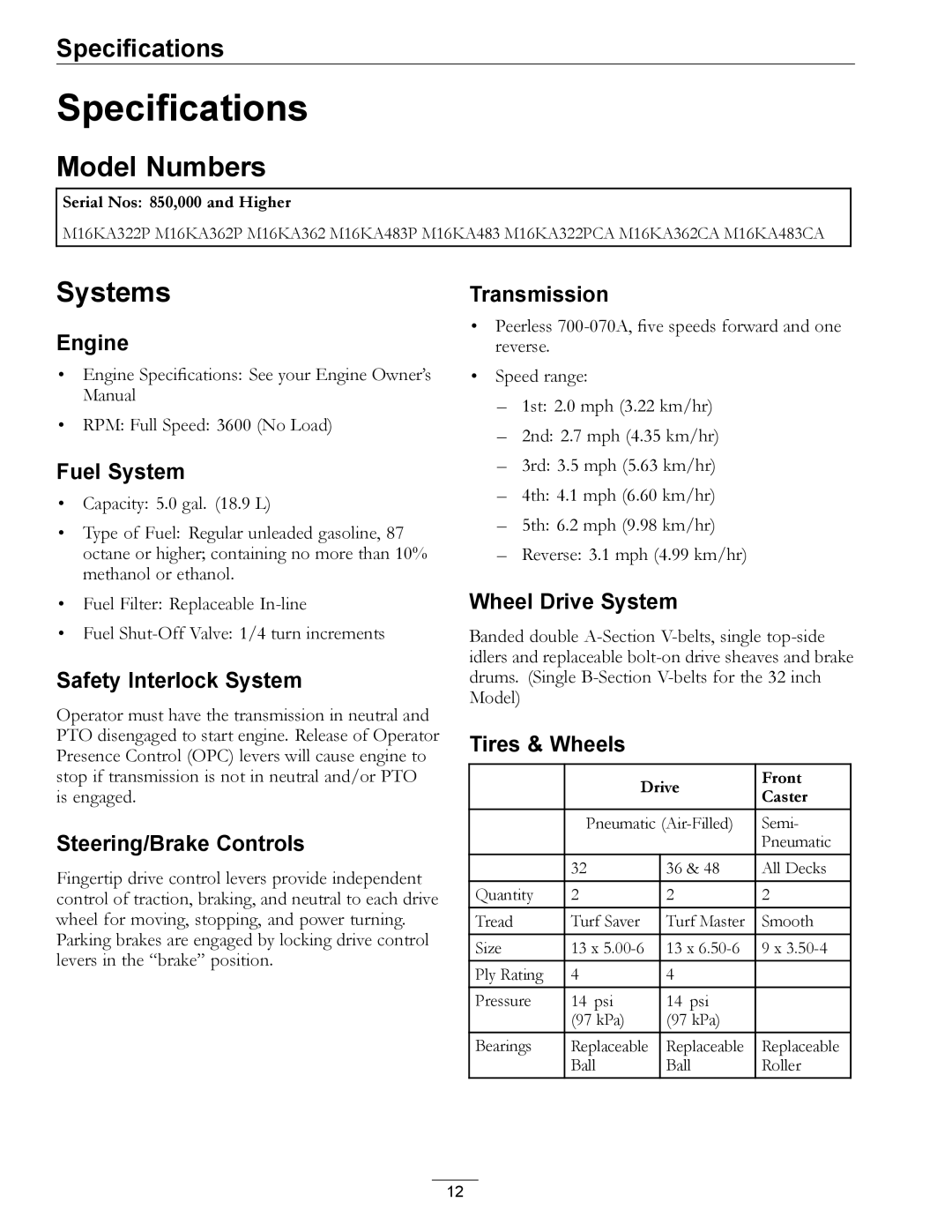 Exmark 850, 00 & Higher manual Specifications, Model Numbers, Systems 