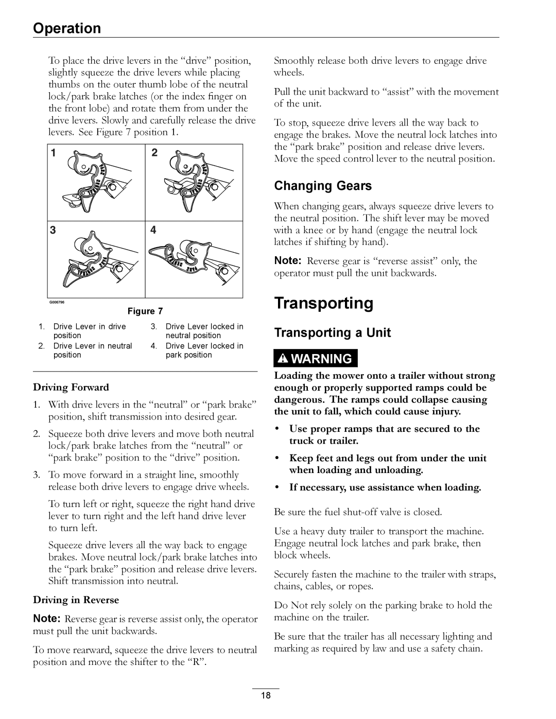 Exmark 850, 00 & Higher manual Changing Gears, Transporting a Unit 