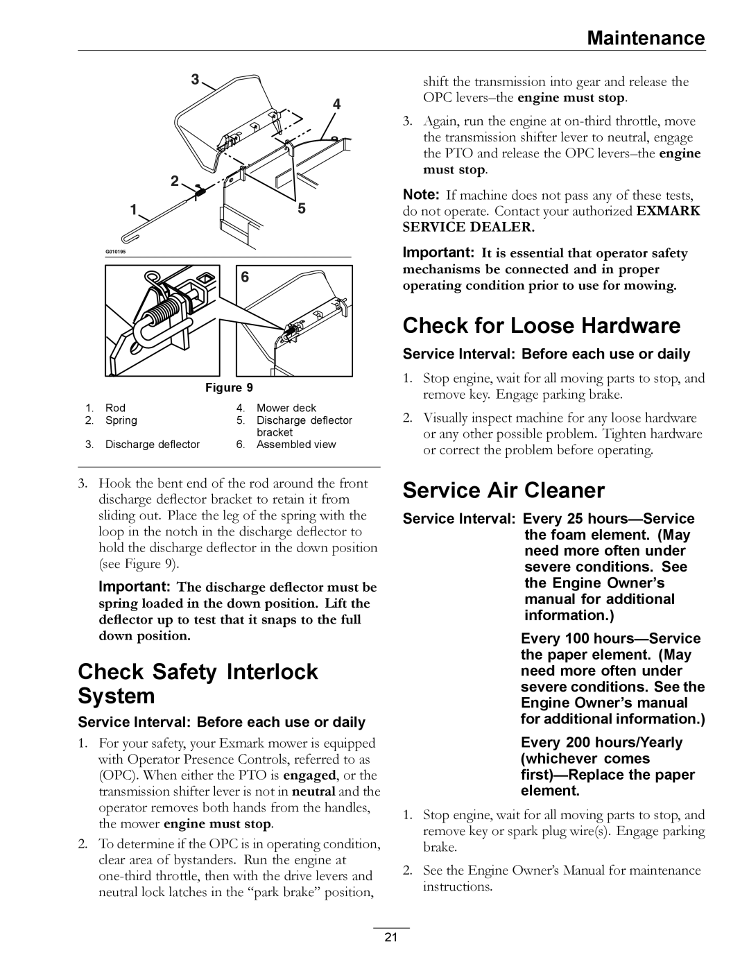 Exmark 00 & Higher, 850 manual Check Safety Interlock System, Check for Loose Hardware, Service Air Cleaner 