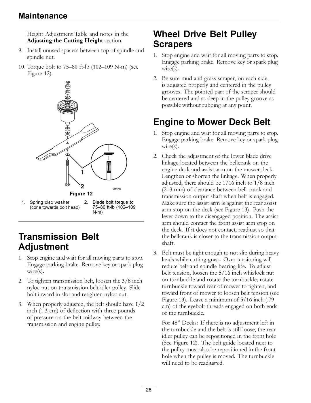 Exmark 850, 00 & Higher manual Wheel Drive Belt Pulley Scrapers, Engine to Mower Deck Belt, Transmission Belt, Adjustment 