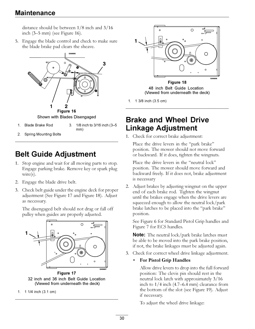 Exmark 850, 00 & Higher manual Belt Guide Adjustment, Brake and Wheel Drive Linkage Adjustment 