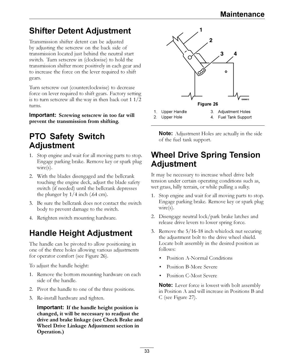 Exmark 00 & Higher, 850 manual Shifter Detent Adjustment, PTO Safety Switch Adjustment, Handle Height Adjustment 