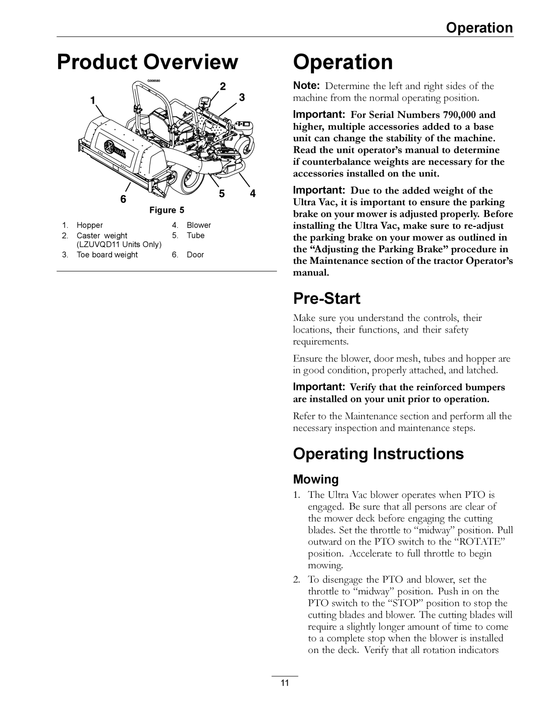 Exmark 00 & Higher, 850 manual Product Overview, Operation, Pre-Start, Operating Instructions, Mowing 