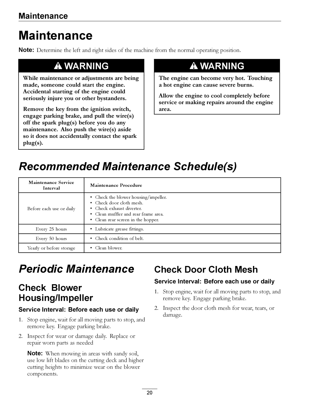 Exmark 850, 00 & Higher manual Maintenance, Check Blower Housing/Impeller, Check Door Cloth Mesh 