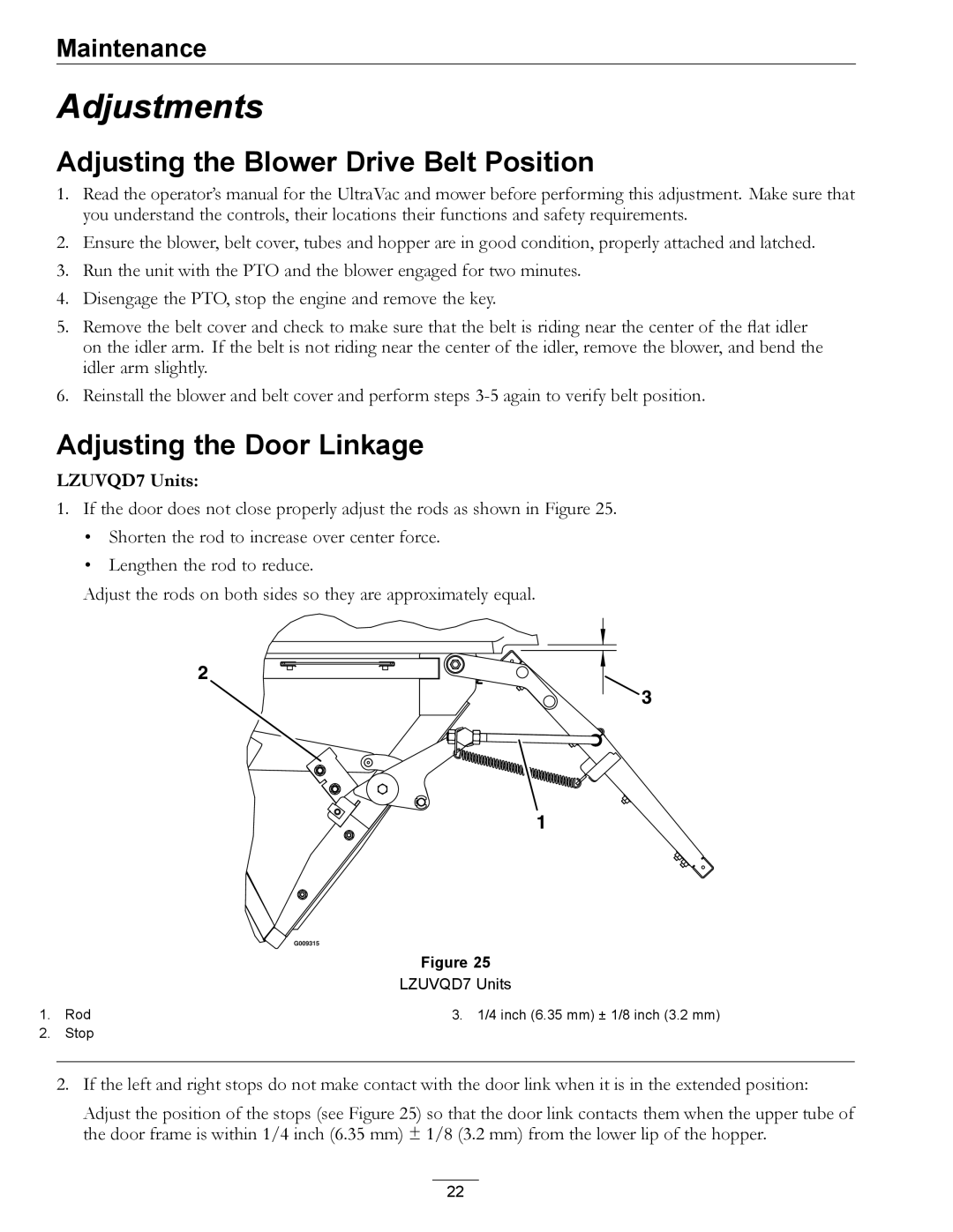 Exmark 850, 00 & Higher manual Adjusting the Blower Drive Belt Position, Adjusting the Door Linkage, LZUVQD7 Units 