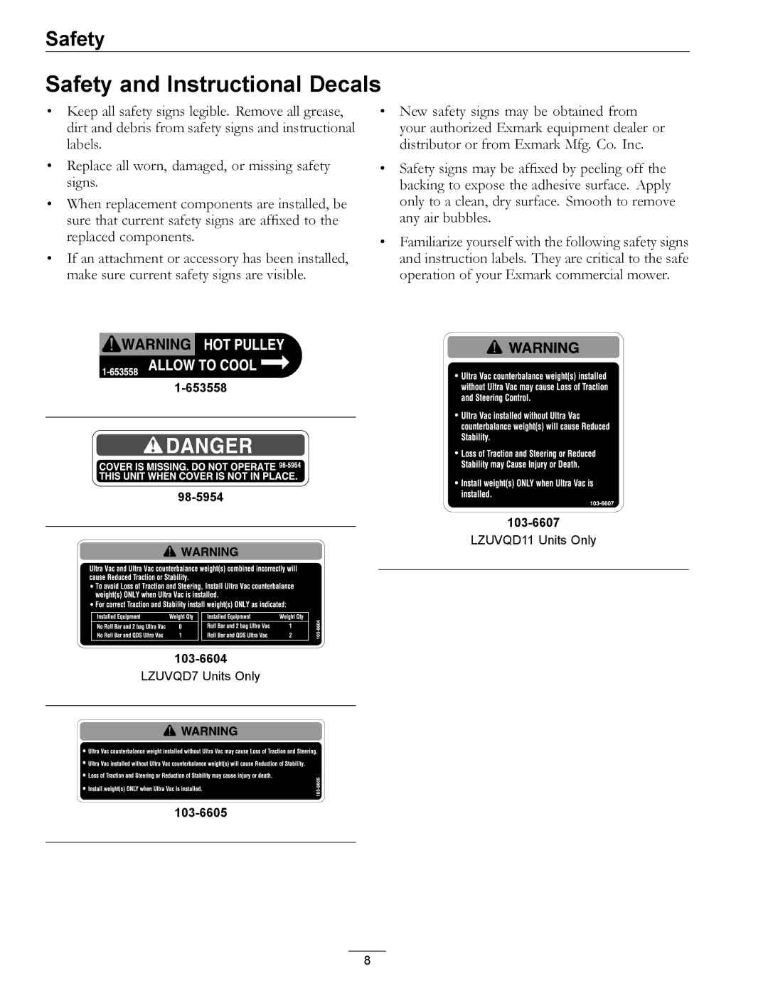 Exmark 850, 00 & Higher manual Safety and Instructional Decals 