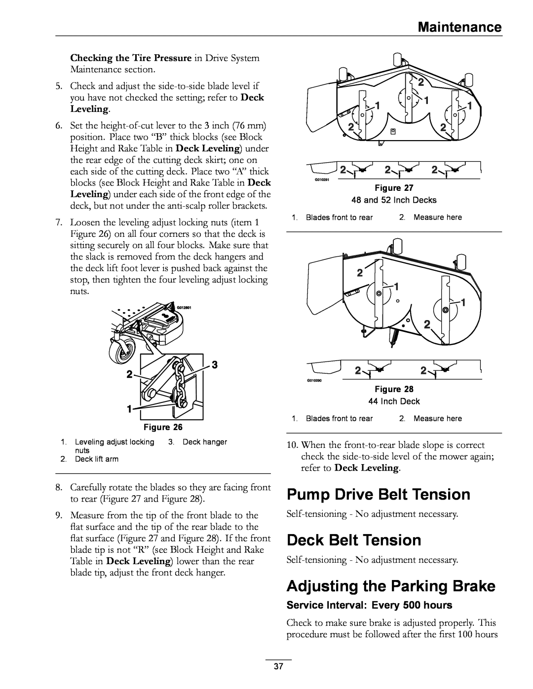 Exmark 00 & Higher, 850 manual Pump Drive Belt Tension, Deck Belt Tension, Adjusting the Parking Brake, Maintenance 