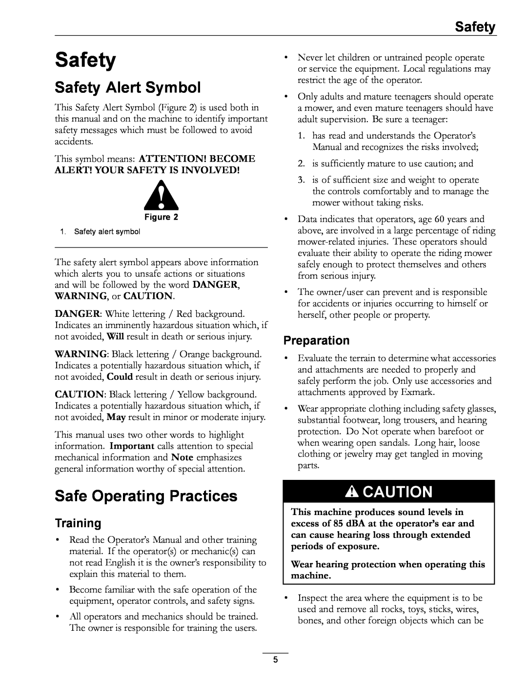 Exmark 00 & Higher, 850 manual Safety Alert Symbol, Safe Operating Practices, Preparation, Training 