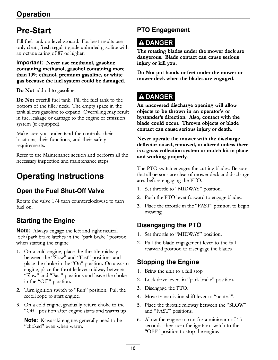 Exmark 850 Pre-Start, Operating Instructions, Open the Fuel Shut-OffValve, Starting the Engine, PTO Engagement, Operation 