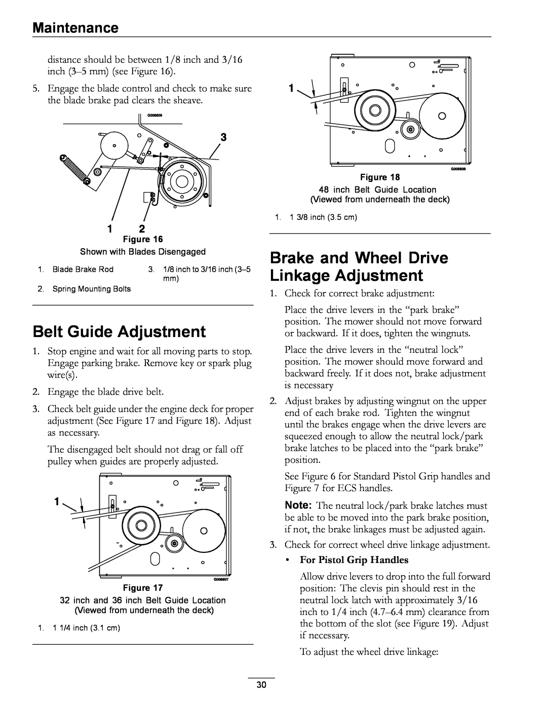 Exmark 850, 00 & Higher manual Belt Guide Adjustment, Brake and Wheel Drive Linkage Adjustment, Maintenance 