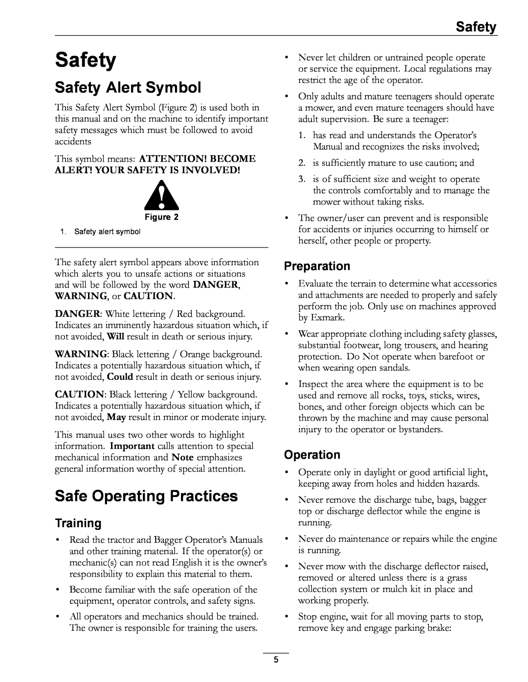 Exmark 850 manual Safety Alert Symbol, Safe Operating Practices, Training, Preparation, Operation 