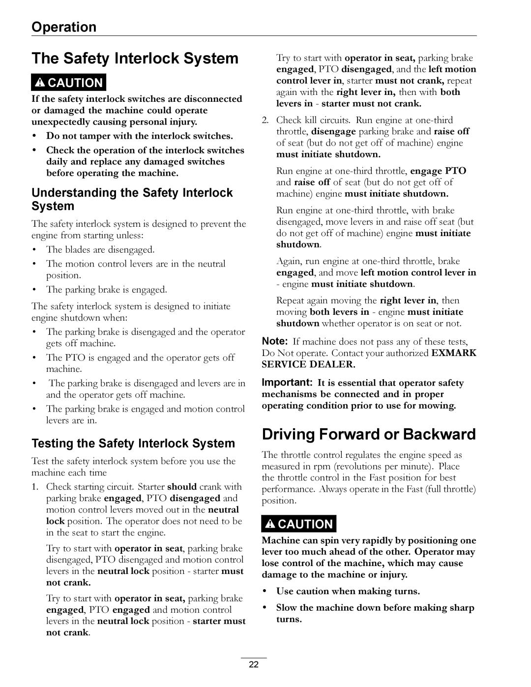 Exmark 850000 AND HIGHER manual Driving Forward or Backward, Understanding the Safety Interlock System 