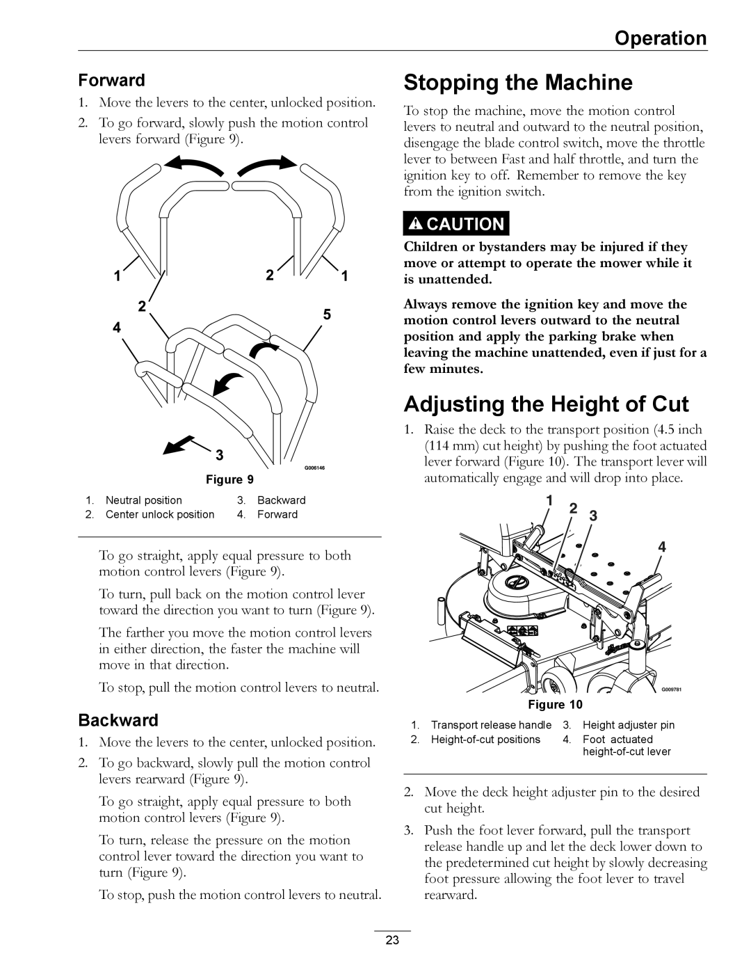 Exmark 850000 AND HIGHER manual Stopping the Machine, Adjusting the Height of Cut, Forward, Backward 