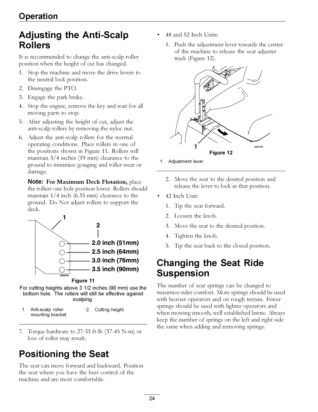 Exmark 850000 AND HIGHER manual Adjusting the Anti-Scalp Rollers, Positioning the Seat, Changing the Seat Ride Suspension 