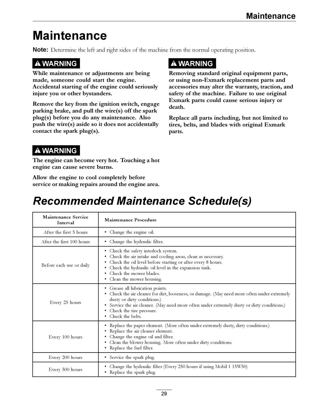 Exmark 850000 AND HIGHER manual Recommended Maintenance Schedules 