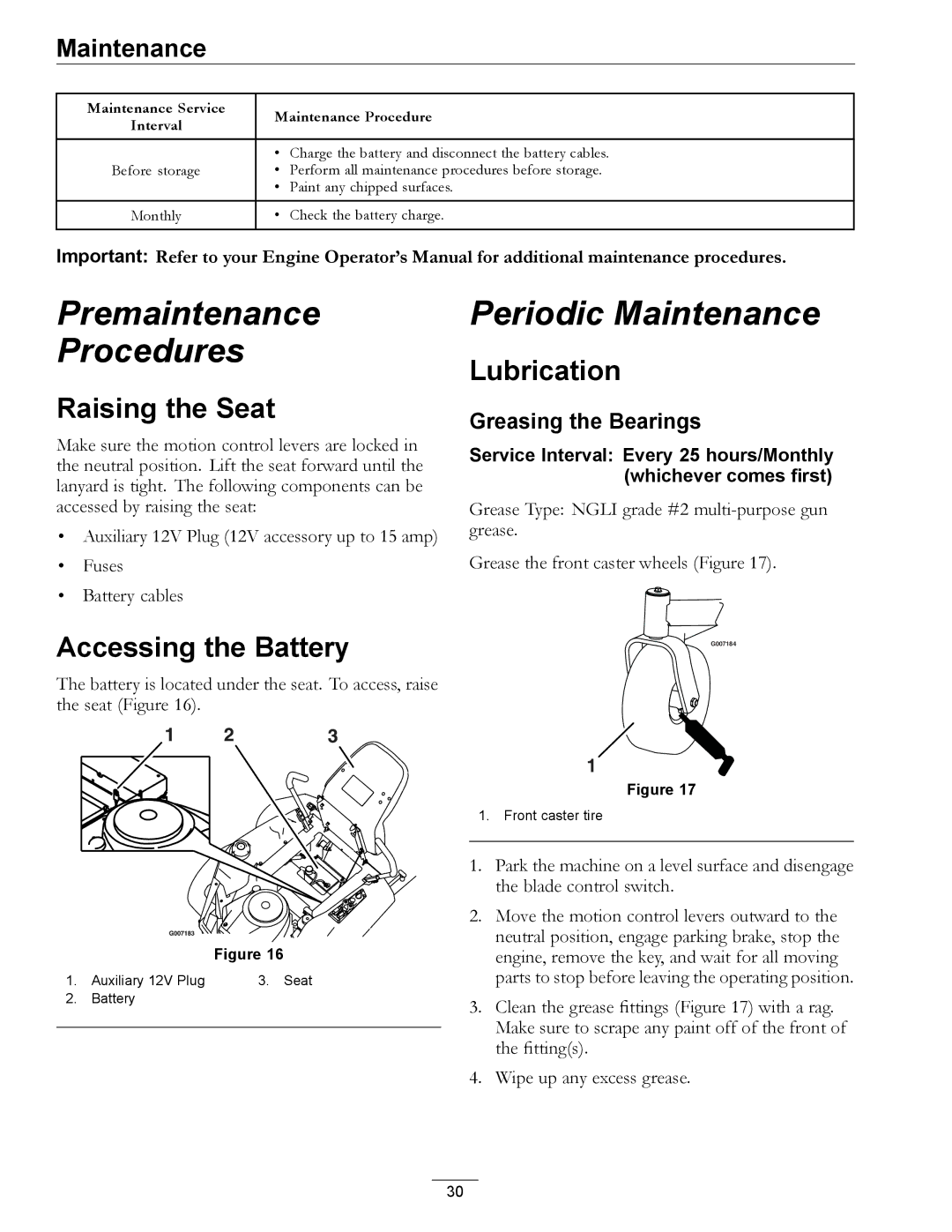 Exmark 850000 AND HIGHER manual Raising the Seat, Accessing the Battery, Lubrication, Greasing the Bearings 