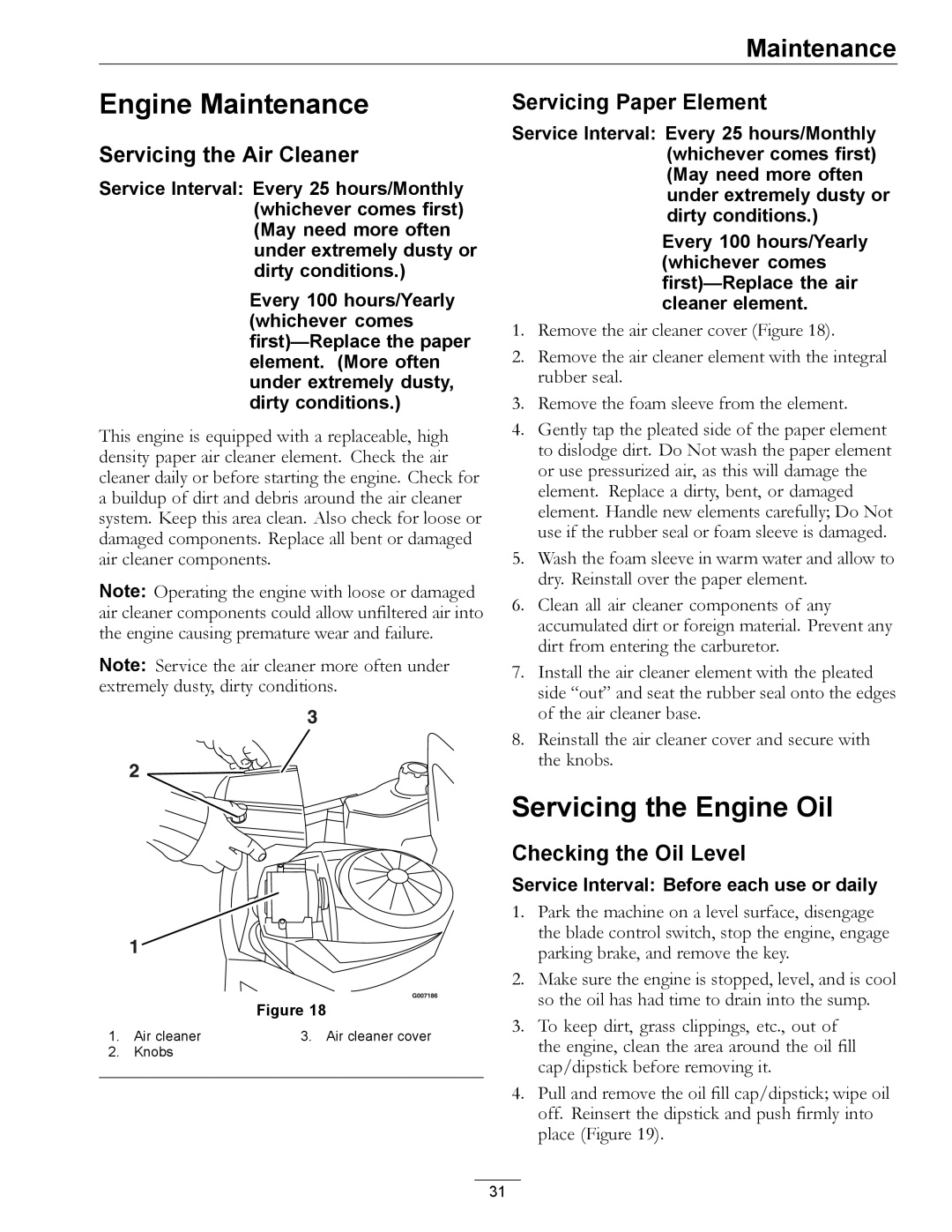 Exmark 850000 AND HIGHER Engine Maintenance, Servicing the Engine Oil, Servicing the Air Cleaner, Servicing Paper Element 