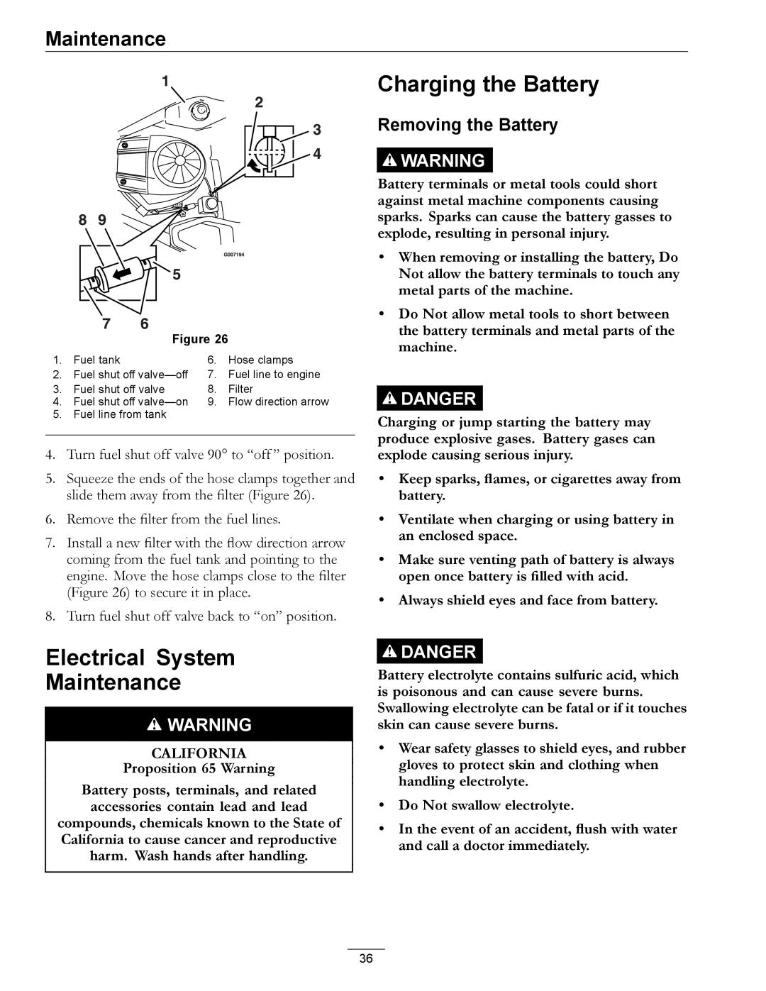 Exmark 850000 AND HIGHER manual Charging the Battery, Electrical System Maintenance, Removing the Battery 