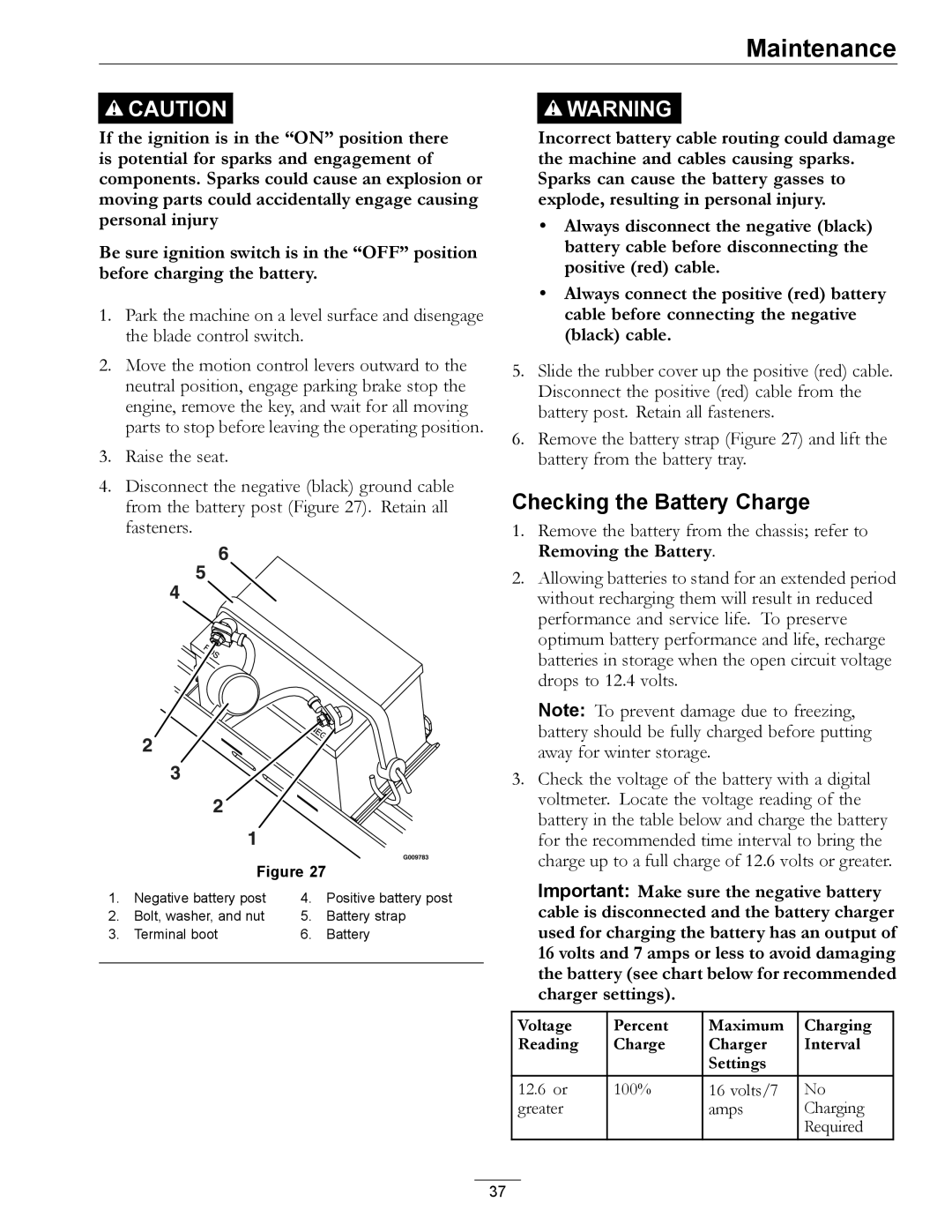 Exmark 850000 AND HIGHER manual Checking the Battery Charge 