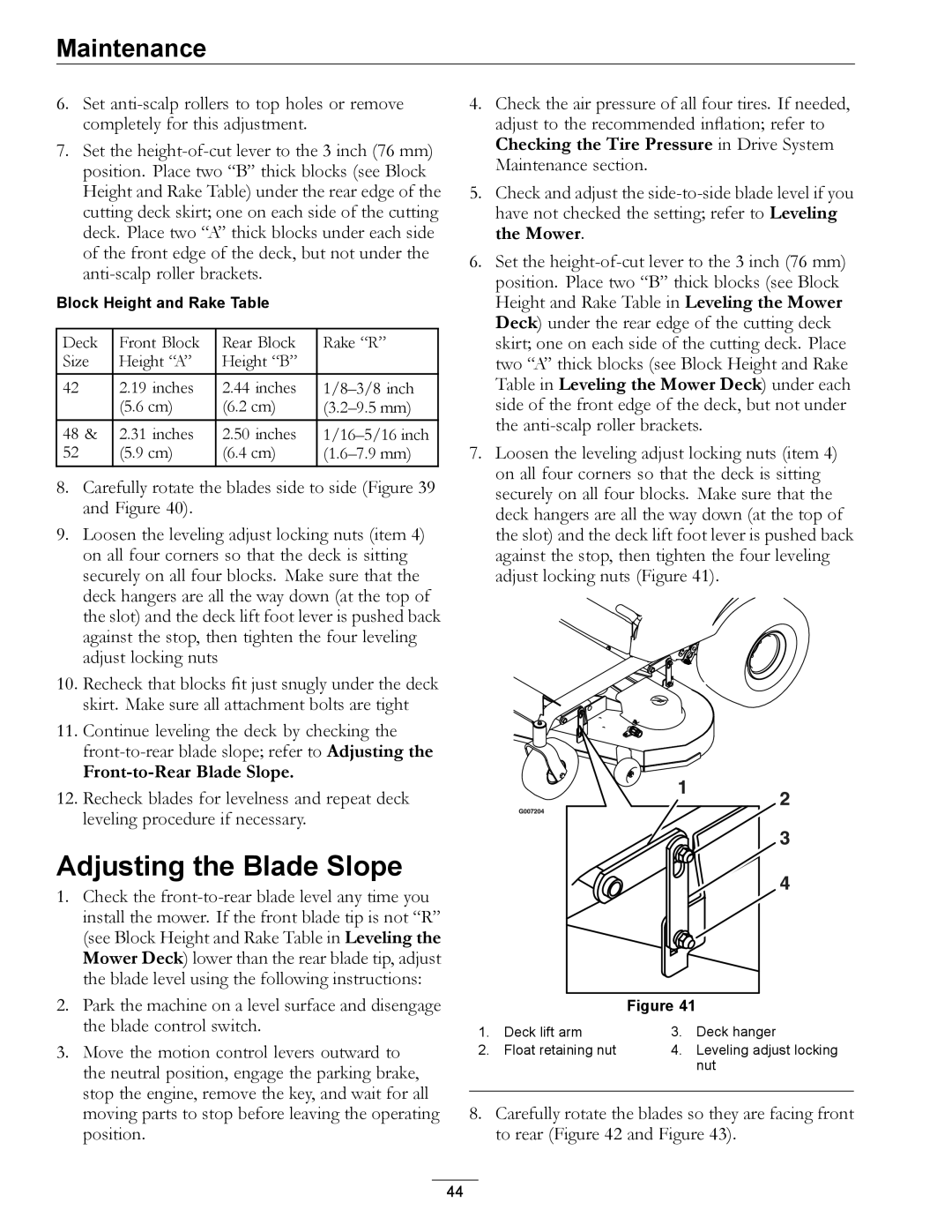 Exmark 850000 AND HIGHER manual Adjusting the Blade Slope 