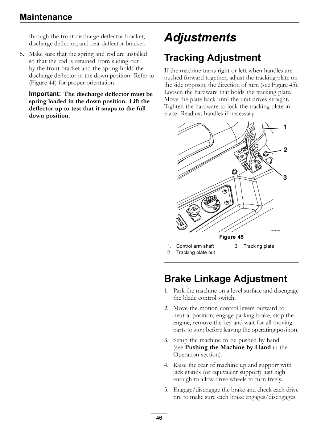 Exmark 850000 AND HIGHER manual Tracking Adjustment, Brake Linkage Adjustment 