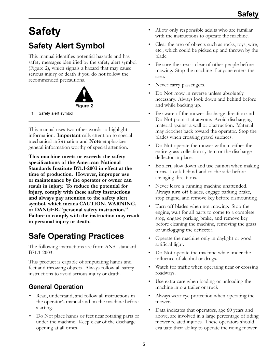 Exmark 850000 AND HIGHER manual Safety Alert Symbol, Safe Operating Practices, General Operation 