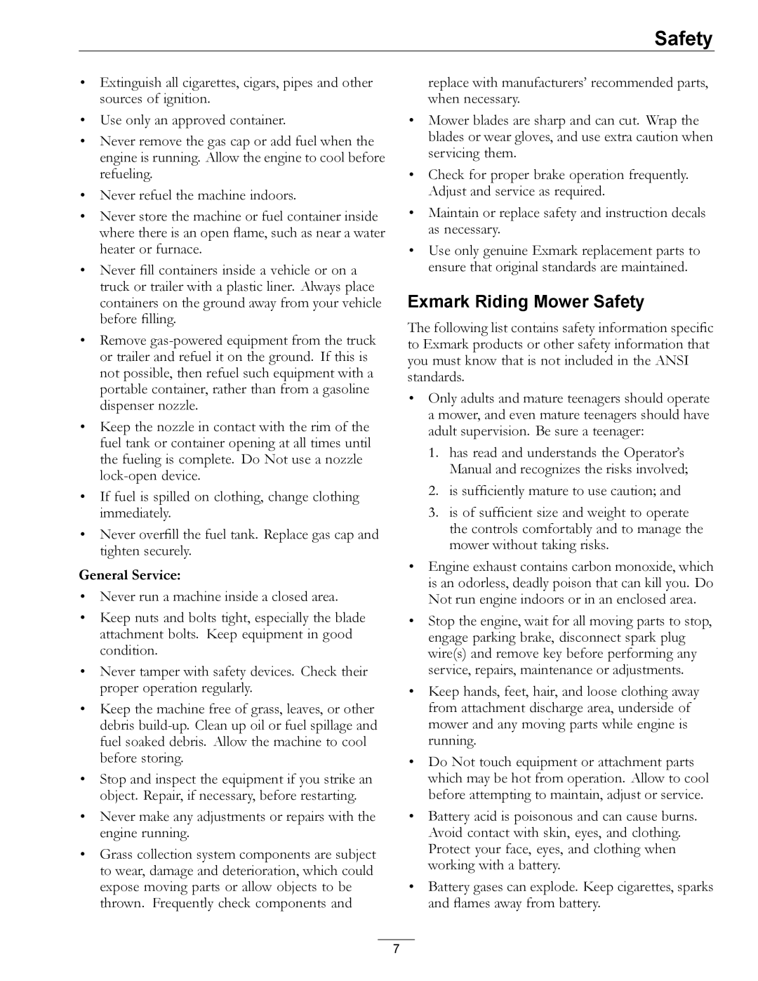 Exmark 850000 AND HIGHER manual Exmark Riding Mower Safety, General Service 