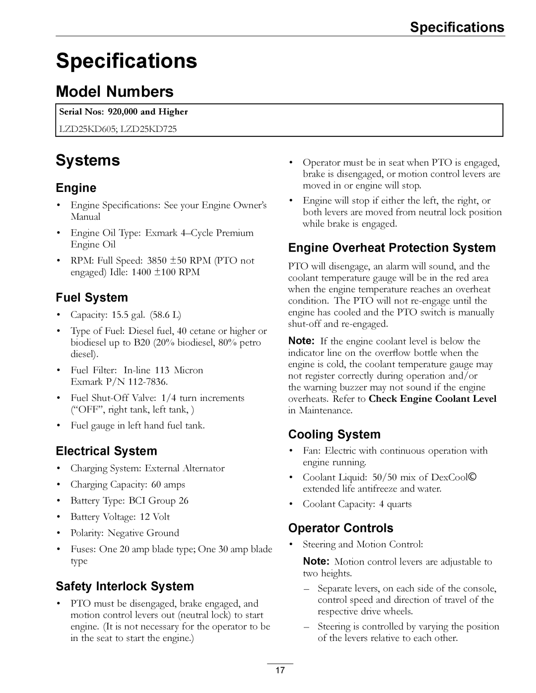 Exmark 920 manual Specifications, Model Numbers, Systems 