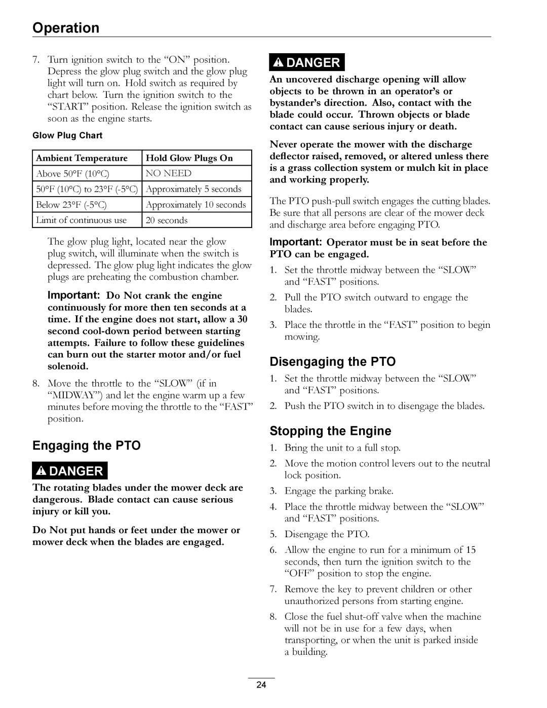 Exmark 920 manual Engaging the PTO, Disengaging the PTO, Stopping the Engine 