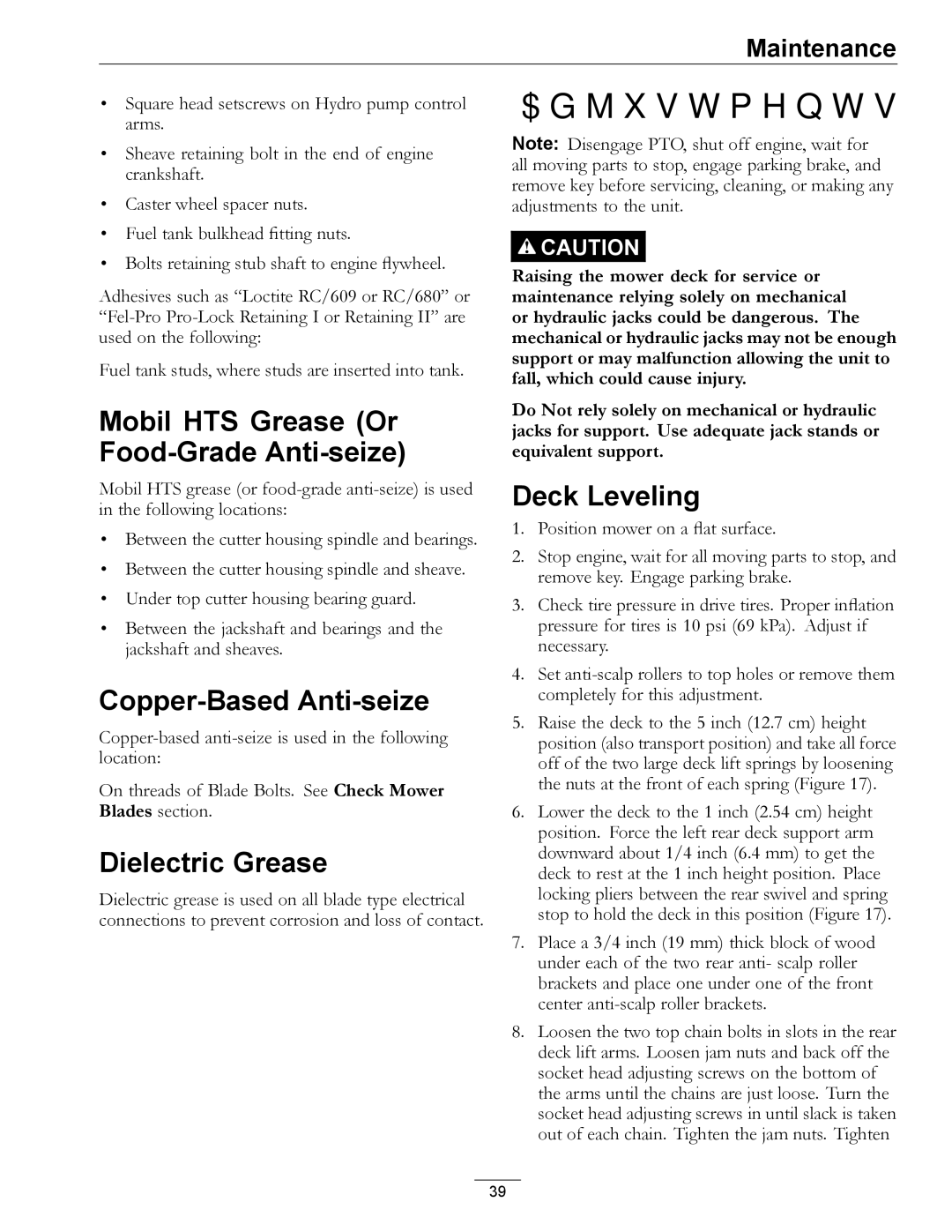 Exmark 920 manual Mobil HTS Grease Or Food-Grade Anti-seize, Copper-Based Anti-seize, Dielectric Grease, Deck Leveling 