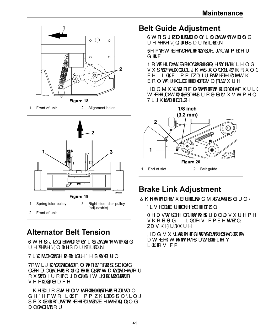 Exmark 920 manual Alternator Belt Tension, Belt Guide Adjustment, Brake Link Adjustment 