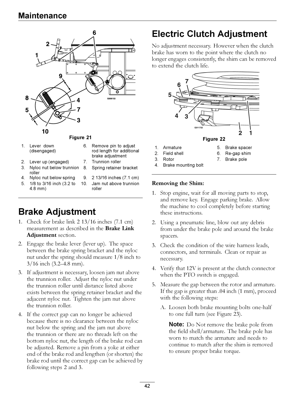 Exmark 920 manual Electric Clutch Adjustment, Brake Adjustment 