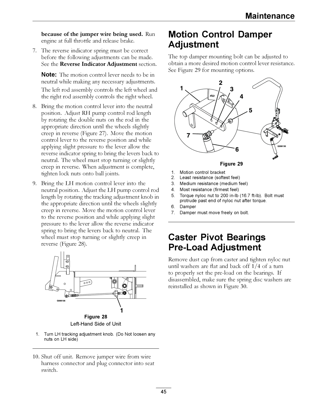 Exmark 920 manual Motion Control Damper Adjustment, Caster Pivot Bearings Pre-Load Adjustment 