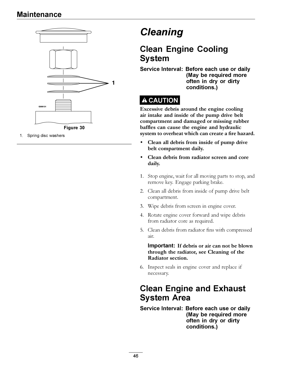 Exmark 920 manual Clean Engine Cooling System, Clean Engine and Exhaust System Area 