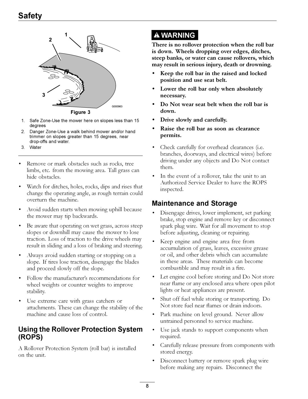 Exmark 920 manual Using the Rollover Protection System Rops, Maintenance and Storage 