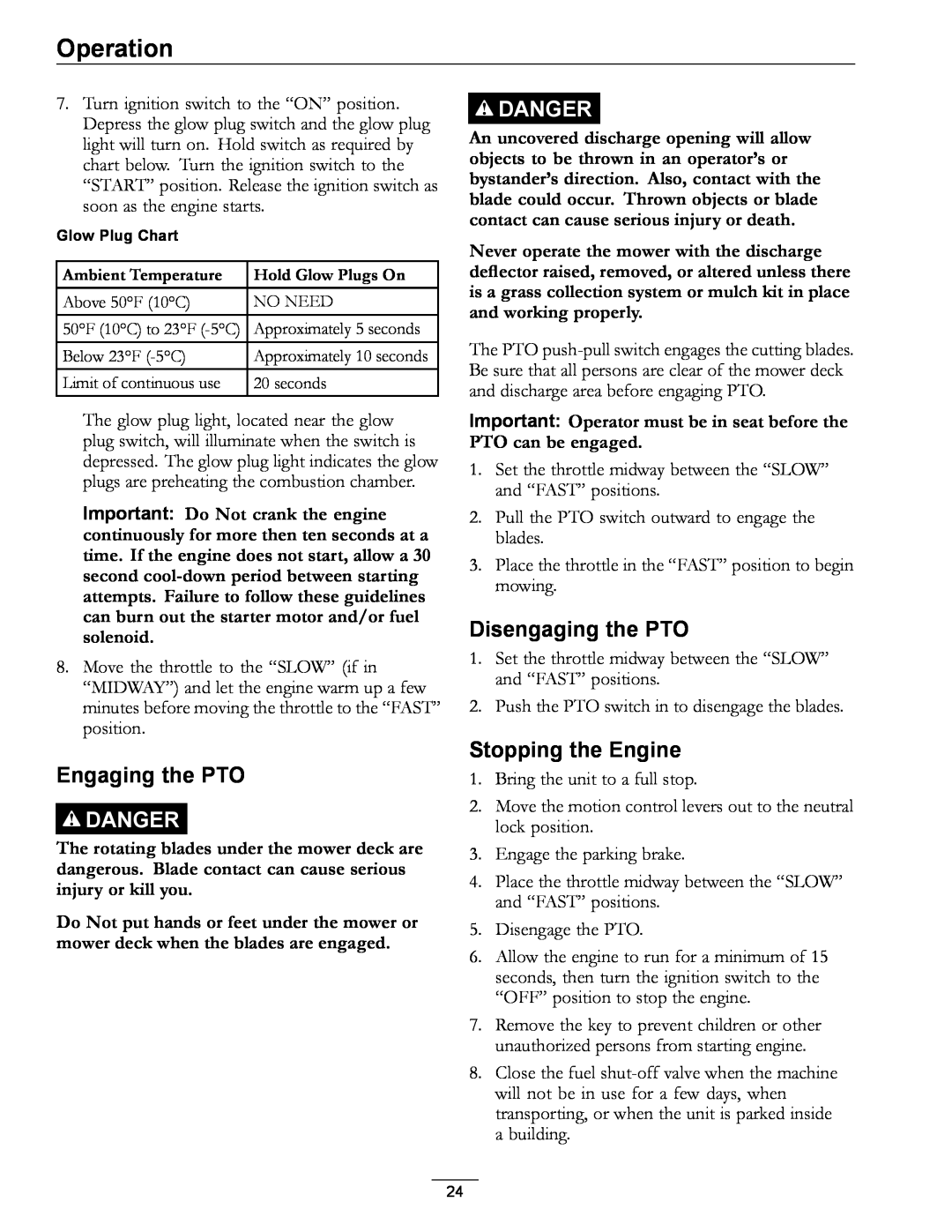 Exmark 920 manual Engaging the PTO, Disengaging the PTO, Stopping the Engine, Operation, Danger 