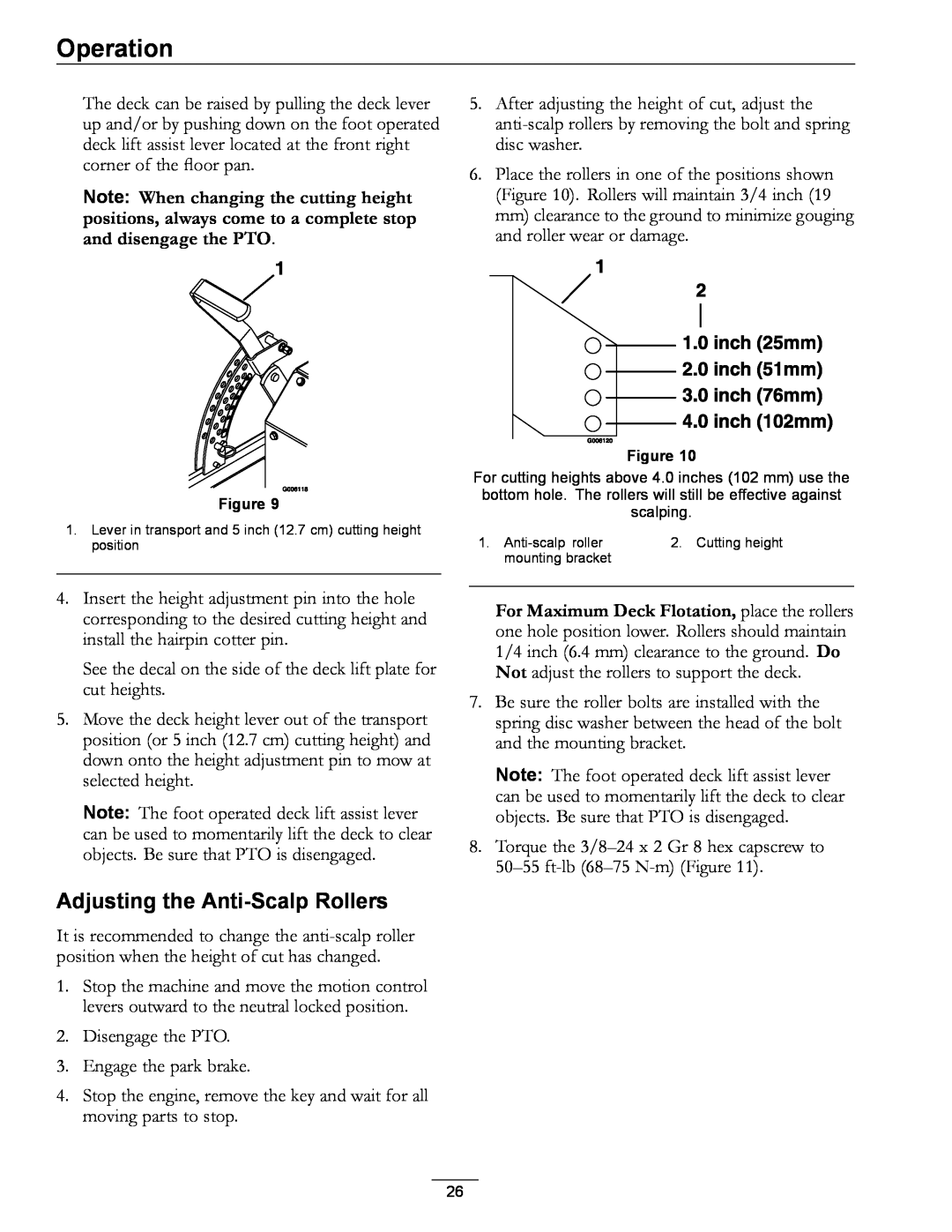 Exmark 920 manual Adjusting the Anti-Scalp Rollers, Operation 