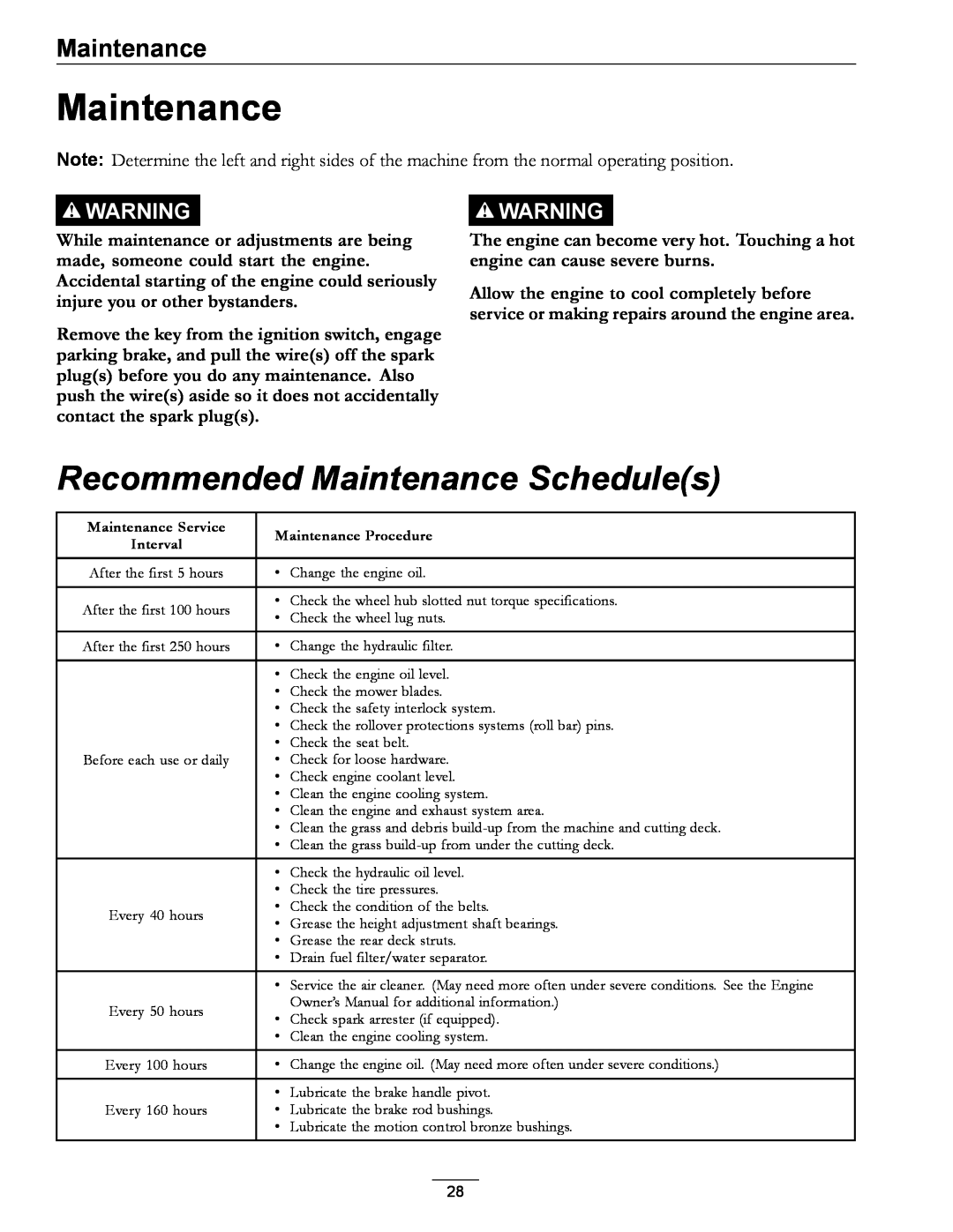 Exmark 920 manual Recommended Maintenance Schedules 