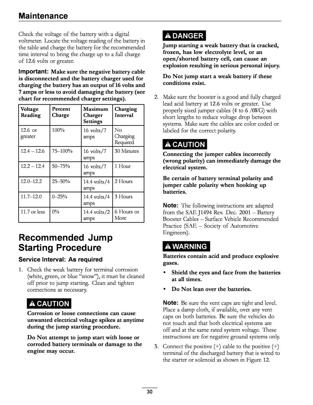 Exmark 920 Recommended Jump Starting Procedure, Service Interval As required, Do Not lean over the batteries, Maintenance 
