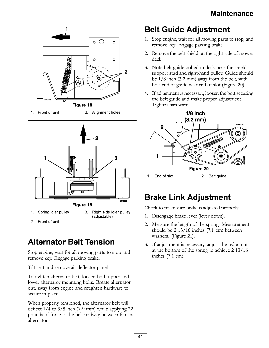 Exmark 0 Alternator Belt Tension, Belt Guide Adjustment, Brake Link Adjustment, Maintenance, Front of unit, adjustable 