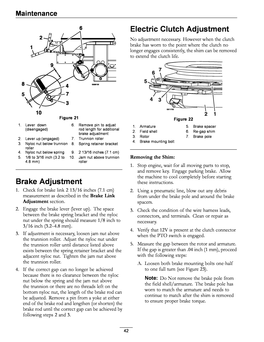 Exmark 920 manual Electric Clutch Adjustment, Brake Adjustment, Removing the Shim, Maintenance 