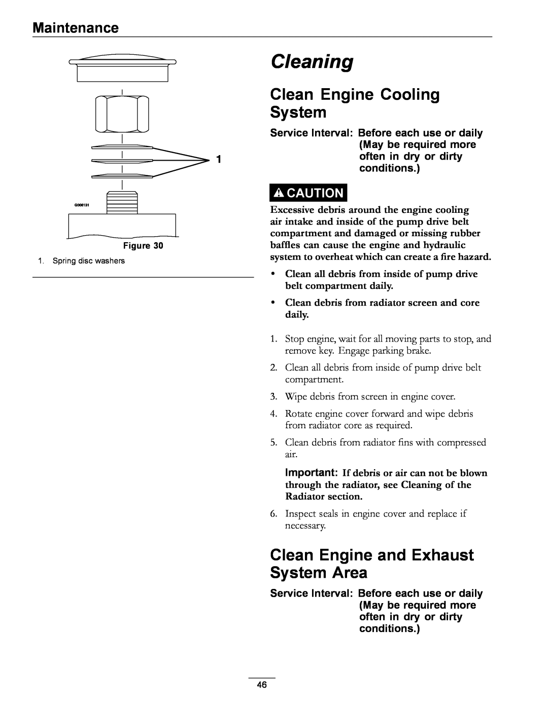 Exmark 920 manual Cleaning, Clean Engine Cooling System, Clean Engine and Exhaust System Area, Maintenance 