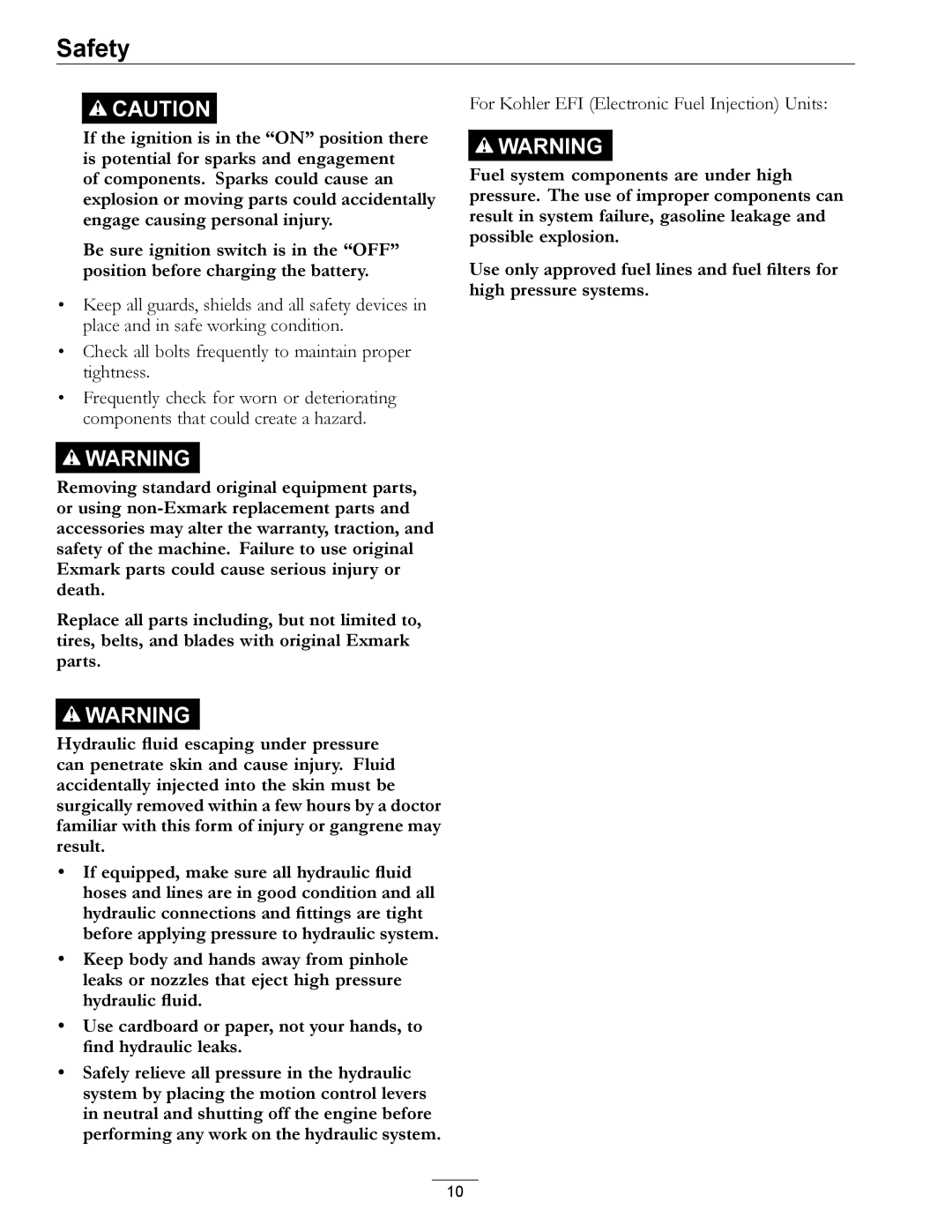 Exmark 920 manual For Kohler EFI Electronic Fuel Injection Units 