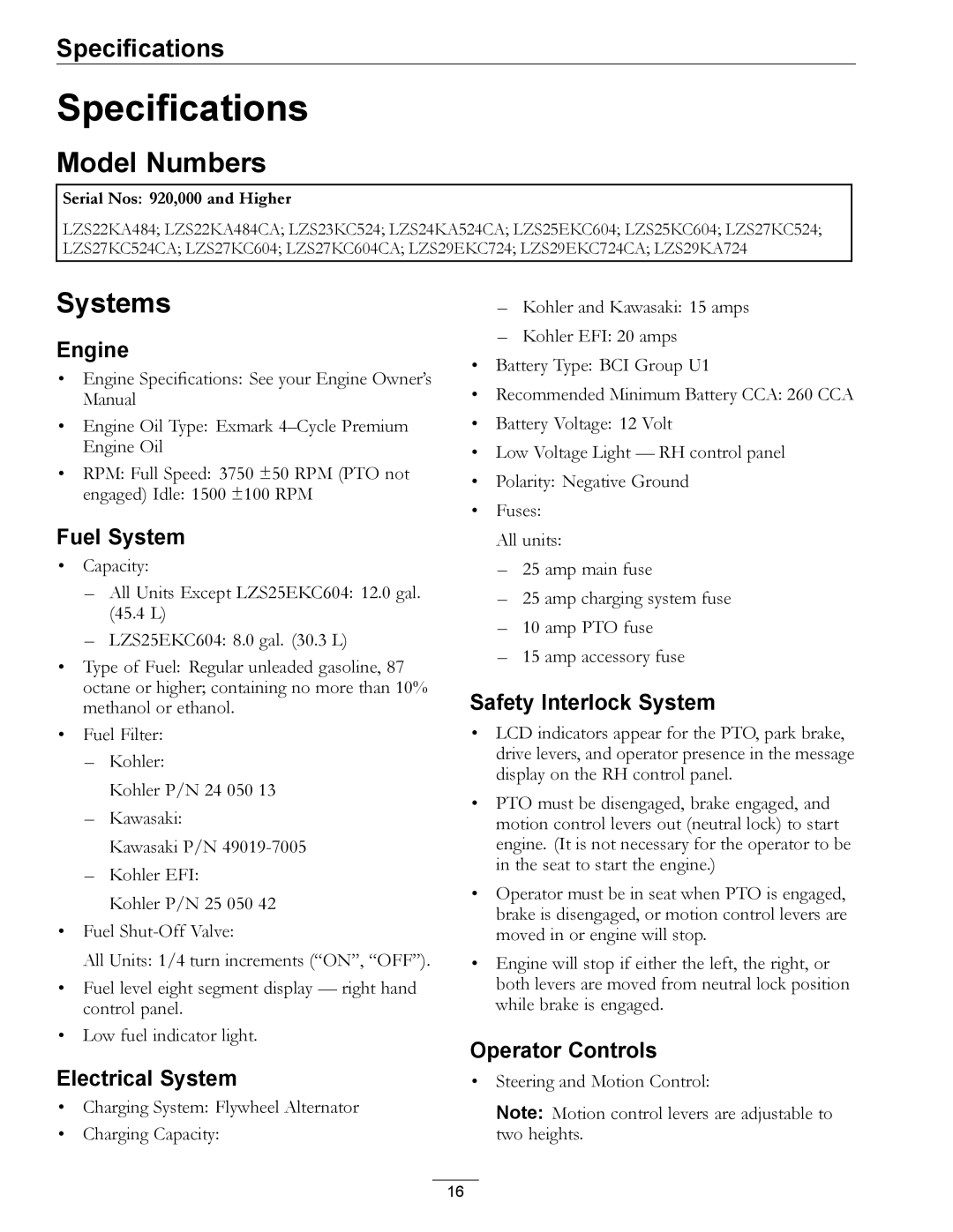 Exmark 920 manual Specifications, Model Numbers, Systems 