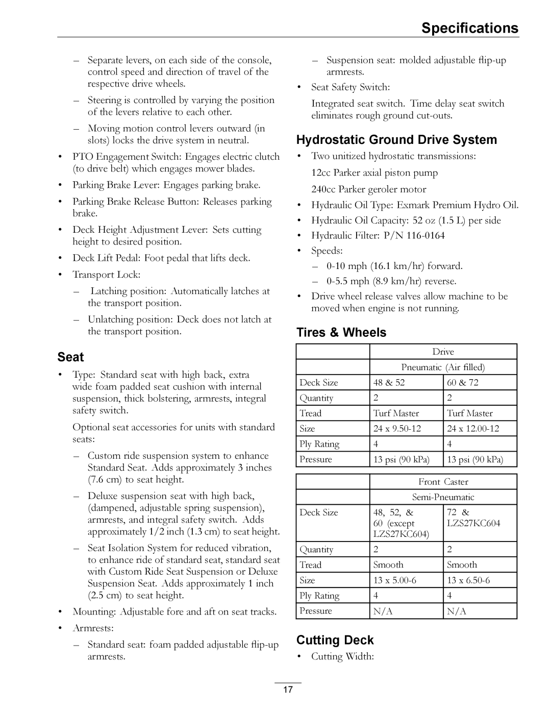 Exmark 920 manual Seat, Hydrostatic Ground Drive System, Tires & Wheels, Cutting Deck 